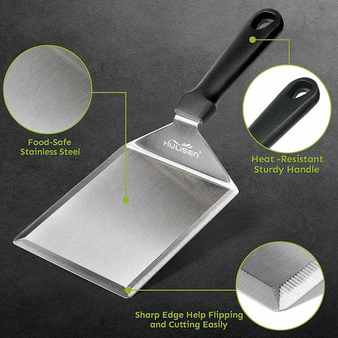 Image of HULISEN Stainless Steel Large Grill Spatula - 6 X 5 Inch Heavy-Duty Metal Spatula with Cutting Edges, Kitchen Griddle Accessories, Smashed Burger Turner Scraper for BBQ Grill and Flat Top Griddle