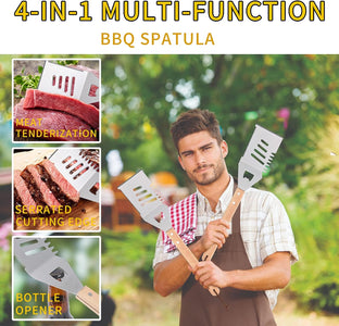 Qinshaine 4-In-1 BBQ Spatula, Multifunction Grill Spatula with Wooden Handle, Perfect for BBQ Grills and Kebabs for Camping Picnics