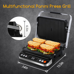 10 in 1 Panini Press Sandwich Maker,  1600W Electric Indoor Grill with Non-Stick Double Sided Plates, LED Touch Screen, Independent Temperature Control, Opens 180 Degrees, Stainless Steel