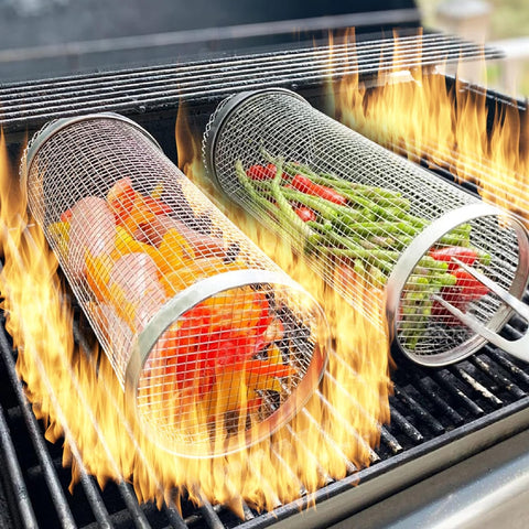 Image of 2 PCS 12 Inch Rolling Grilling Basket,304 Stainless Steel BBQ Net Tube for Fruits/Vegetables/Meatballs/Sausage/Fish,For Family Gatherings/Party/Camping/Picnic/Barbecue (2Pcs-12Inch No Fork)