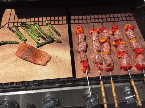 Image of LOOCH Copper Grill Mat Set of 5 - Non-Stick BBQ Outdoor Grill & Baking Mats - Reusable and Easy to Clean - Works on Gas, Charcoal, Electric Grill and More - 15.75 X 13 Inch