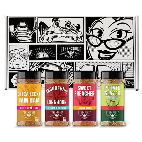 Image of Fire & Smoke Society Ultimate BBQ Variety Pack | BBQ Rubs and Seasonings for Smoking and Grilling | Steak Seasoning, Chicken, Burgers, Pulled Pork | Spice Set (4-Pack)