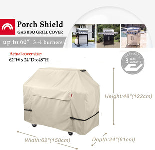 Porch Shield 62W X 24D X 48H Inch Premium Gas Grill Cover up to 60 Inch - Waterproof 600D BBQ Covers for Weber, Brinkmann, Char-Broil and More, Light Tan