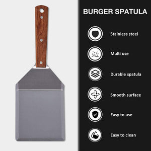 Stainless Steel Griddle Hamburger Spatula with Strong Wooden Handle, 13.5 X 5 Inches, Heavy Duty Spatula Turner with a Hook, Great for Pancake Flipper, Fish, Eggs, Burgers, Omelet and More