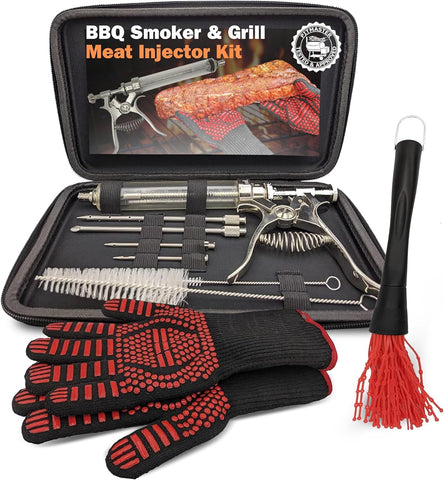 Image of BBQ Smoker Grill Professional Meat Injector Syringe Kit for Smoking with Case, Heat Resistant Non Slip Gloves and Silicone Mop Brush for Turkey Marinade Injection
