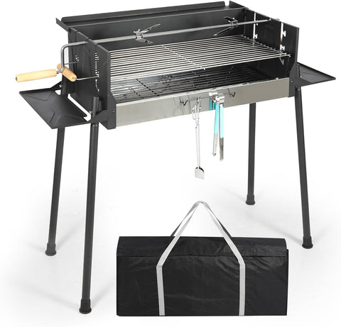 Image of Lineslife Portable Charcoal Grill, Extra Large Outdoor BBQ Grill with Oversize Cooking Area Offset Smoker, Black Barbecue Grill with 3 Adjustable Heights, 2 Foldable Side and Material Tables