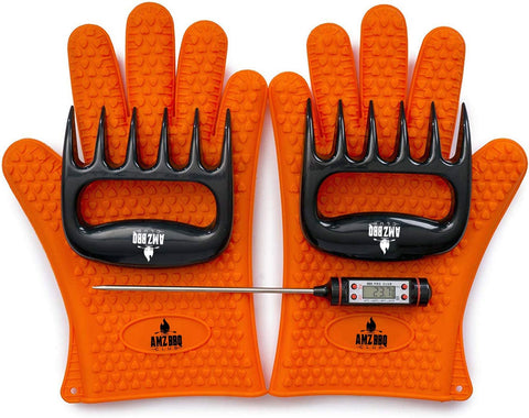 Image of - Meat Claws Bbq Grill Accessories Set - 2 Silicone Gloves, Claws for Pulled Pork, BBQ Thermometer - Perfect Smoker Accessories Grilling Tools Gift Set for (Orange Glove-Thermometer-Claw)