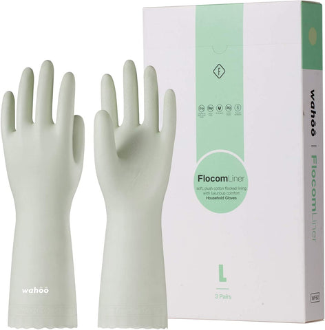 Image of LANON 3 Pairs Wahoo Skin-Friendly Cleaning Gloves, Dishwashing Kitchen Gloves with Cotton Flocked Liner, Reusable, Non-Slip, Canary Green, Medium