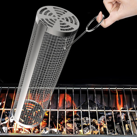 Image of Grill Basket-Rolling Grilling Baskets, BBQ Prep Tub, Stainless Steel Non-Stick round Grill Grate Portable BBQ Net Tube for Outdoor Grilling Picnics Veggies Camping 4PCS