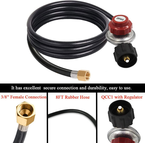 Image of "8FT High Pressure Propane Hose with Adjustable Regulator - Ideal for Outdoor Grill Gas Fitting, Grill, Burner, Fryer, and Cooker - 0-20 PSI - 3/8" Flare X 1/8" NPT Male"