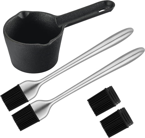 Image of Cast Iron Sauce Pot and Silicone Basting Brush Set for Grilling, 5 Pcs Barbecue Accessories Include Heat Preservation Heavy Melting Pot, 2Pcs Stainless Steel Long Handle Brush with 2 Pcs Replacements