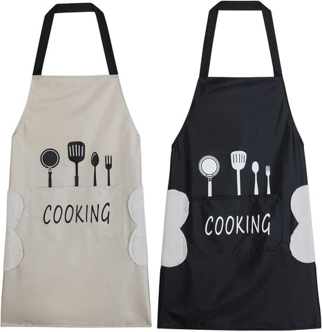 Image of Women Kitchen Apron with Hand Wipe Pockets，Big Pocket,Hand-Wiping, Waterproof for Cooking Baking