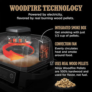 OG751BRN Woodfire Pro Outdoor Grill & Smoker with Built-In Thermometer, 7-In-1 Master Grill, BBQ Smoker, Air Fryer, Bake, Roast, Dehydrate, Broil, Woodfire Pellets, Portable,Electric(Renewed)