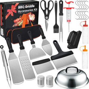 Griddle Accessories Kit, 29PCS Flat Top Grill Accessories Set for Blackstone and Camp Chef, Grill Spatula Set with Enlarged Spatulas, Basting Cover, Scraper, Tongs for Outdoor BBQ with Meat Injector