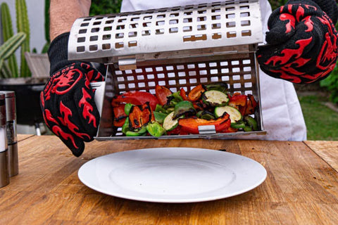Image of BBQ Dragon | Rolling Grill Basket | Food Grade Stainless Steel Grilling Basket | 13.5”X5.6” Cylinder | Vegetables, Shrimp, Fish, Chicken Wings | Snap Close Lid | Dishwasher Safe | Grilling Accessory