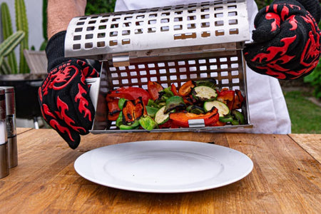 BBQ Dragon | Rolling Grill Basket | Food Grade Stainless Steel Grilling Basket | 13.5”X5.6” Cylinder | Vegetables, Shrimp, Fish, Chicken Wings | Snap Close Lid | Dishwasher Safe | Grilling Accessory