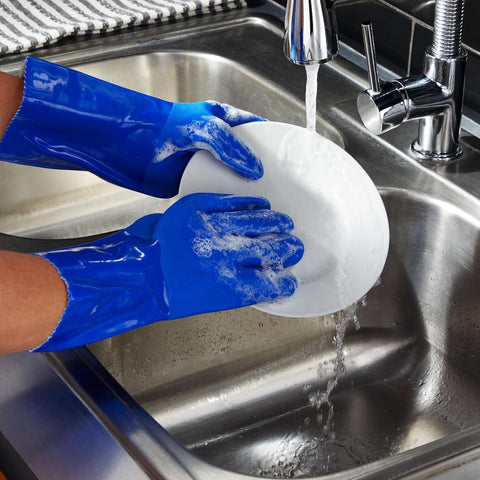 Image of 2 Pairs Rubber Household Cleaning Gloves for Kitchen Dishwashing, Cotton Lined (Blue)