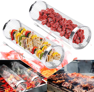 2PCS Grill Basket, Rolling Grill Basket, Stainless Steel round BBQ Grill Accessories, Grill Baskets for Outdoor Grill Party Camp Kitchen, Fish, Shrimp, Meat, Vegetables, Fries(3.5 * 3.5 * 11.8 Inch)