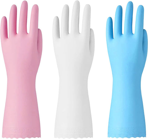 Image of Rubber Cleaning Gloves - 3 Pairs Latex Free Kitchen Cleaning Gloves with Cotton Liner- Household Dishwashing Gloves, Non- Slip Waterproof (Large, Blue+Pink+White)