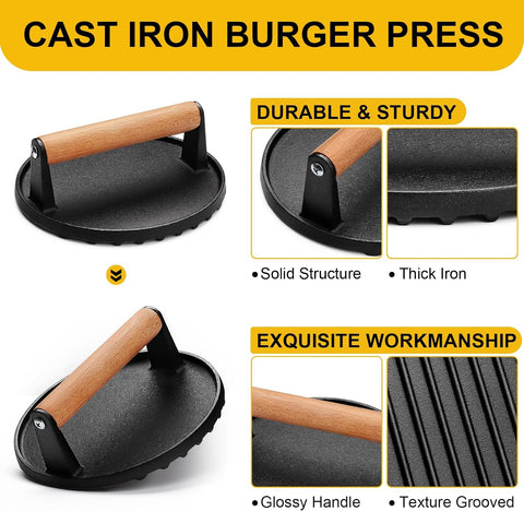 Image of AIVIKI Burger Press, Smash Burger Press for Blackstone Griddle, Heavy Duty Cast Iron round 6.9In Bacon Grill Press with Wood Handle, Meat Steak Weight for Sandwich, Paninis (Round)