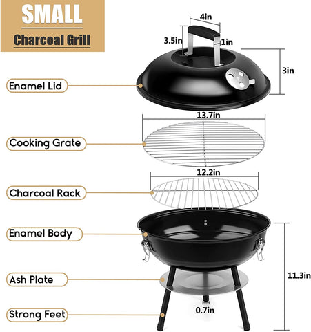 Image of 14 Inch Charcoal Grill,  Portable & Mini BBQ Grilling Smoker, Great for Outdoor Cooking Backyard Garden Camping Picnic Barbecue, Enamel Black Lid, plus a Screwdriver
