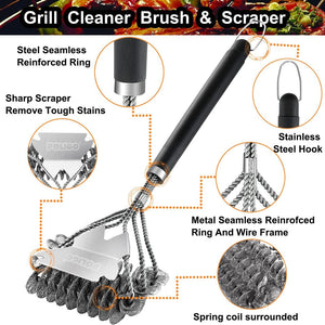 BBQ Grill Cleaning Brush Bristle Free & Scraper - Triple Helix Design Barbecue Cleaner - Non-Bristle Grill Brush and Scraper Safe for Gas Charcoal Porcelain Grills - Ideal Grill Tools Gift