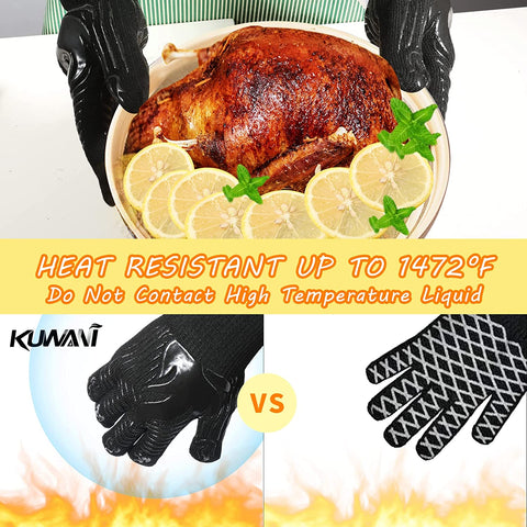Image of BBQ Gloves, 1472°F Heat Resistant Fireproof Mitts, Silicone Non-Slip Washable Oven Kitchen Gloves for Barbecue, Grilling, Cooking, Baking, Camping, Smoker (Black)