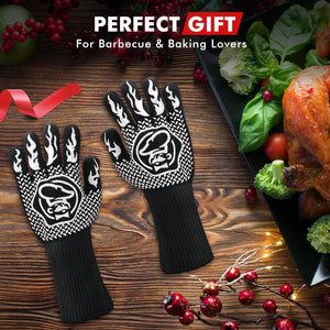 High Heat Resistant BBQ Gloves for Barbecue, Cooking, Baking, Cutting, Pizza Oven, Camping - Non-Slip Kitchen Oven Mitts - Grill Accessories with Anti-Slip Coating EN407 Lab Certified