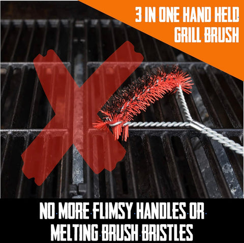 Image of Premium Grill Brush, Scraper & Scrubber Tool 3 in 1 Safe BBQ Brush for Grill – Stainless Grate Cleaner - Grill Accessories for Porcelain/Weber Gas/Charcoal & Gas Grill (Black & Red Hand Brush)