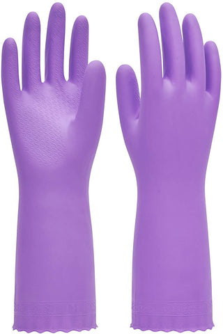 Image of Reusable Dishwashing Cleaning Rubber Gloves, Dish Washing Gloves with Flocked Cotton Liner, Kitchen Gloves, Latex Free, Purple, Large