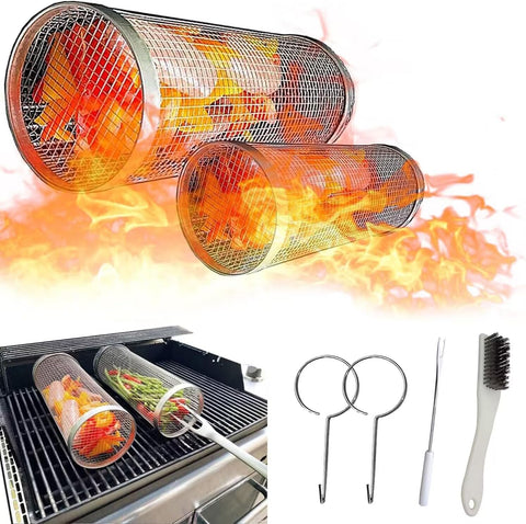 Image of Rolling Grilling Basket Grill Basket BBQ Net Tube BBQ Roller Grill Basket-Round Stainless Steel BBQ Grill Mesh Portable Outdoor Camping Barbecue Rack for Vegetables, French Fries, Fish（11.8Inch）