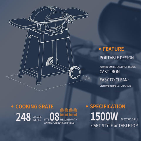 Image of Outdoor Electric Barbecue Grill & Smoker with Removable Stand, Cart Style, Black, 1500W Portable and Convenient Camping Grill for Party, Patio, Garden, Backyard, Balcony, Built-In Thermometer