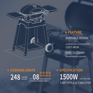 Outdoor Electric Barbecue Grill & Smoker with Removable Stand, Cart Style, Black, 1500W Portable and Convenient Camping Grill for Party, Patio, Garden, Backyard, Balcony, Built-In Thermometer