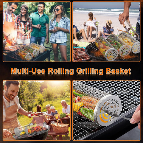 Image of Rolling Grilling Baskets for Outdoor Grill, 2 PCS BBQ Stainless Steel round Mesh Grill Basket Cylinder Grilling Basket Cooking for Vegetable Fish, Meat Fries