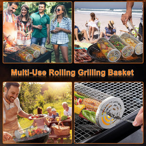 Rolling Grilling Baskets for Outdoor Grill, 2 PCS BBQ Stainless Steel round Mesh Grill Basket Cylinder Grilling Basket Cooking for Vegetable Fish, Meat Fries