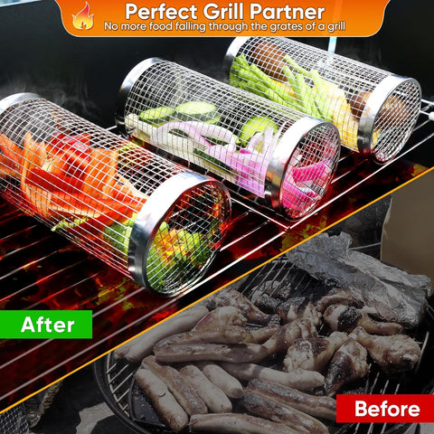 Image of 2PCS Grill Basket, Rolling Grill Basket, Stainless Steel round BBQ Grill Accessories, Grill Baskets for Outdoor Grill Party Camp Kitchen, Fish, Shrimp, Meat, Vegetables, Fries(3.5 * 3.5 * 11.8 Inch)
