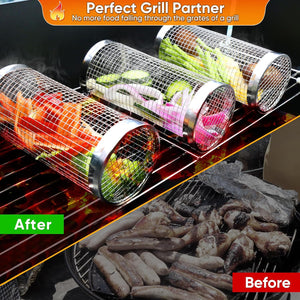 2PCS Grill Basket, Rolling Grill Basket, Stainless Steel round BBQ Grill Accessories, Grill Baskets for Outdoor Grill Party Camp Kitchen, Fish, Shrimp, Meat, Vegetables, Fries(3.5 * 3.5 * 11.8 Inch)