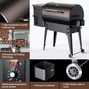 2023 Upgrade Portable Wood Pellet Grill Multifunctional 8-In-1 BBQ Grill with Automatic Temperature Control Foldable Leg for Backyard Camping Cooking Bake and Roast, 456 Sq in Bronze
