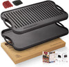 Pre-Seasoned 17X9.8" Cast Iron Reversible Griddle Grill Pan with Handles for Gas Stovetop Open Fire Oven, One Tray, Scrapers Included