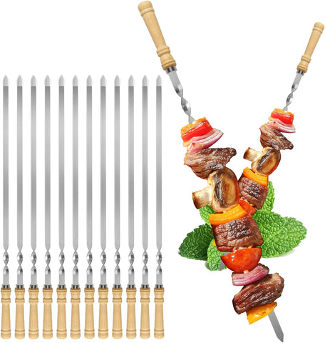 Image of Kabob Skewers,23.6 Inch Flat Skewers for Grilling with Wooden Handle,Reusable Stainless Steel Metal BBQ Barbecue Skewer,Shish Kebab Stick Set for Meat Shrimp Chicken Vegetable-12Pcs.