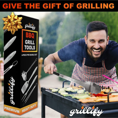 Image of 4Pc Grilling Tools Set - Grate Cleaner Brush Scraper Grill Accessories + BBQ Tools Set Grill Utensils Spatula, Tongs, Fork - Grilling Gifts for Dad
