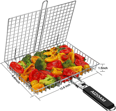 Image of Grill Basket  Grill Basket Stainless Steel BBQ Grilling Basket Large Folding Grill Basket with Removable Handle. Grill Basket for Fish,Vegetables . Grill Accessories BBQ Accessories Grilling Gifts for Men Dad .