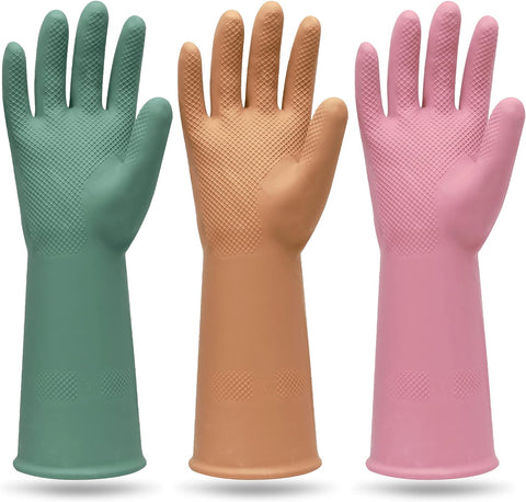 Image of 3 Pairs Colorful Reusable Waterproof Household Dishwashing Cleaning Rubber Gloves, Non-Slip Kitchen Glove