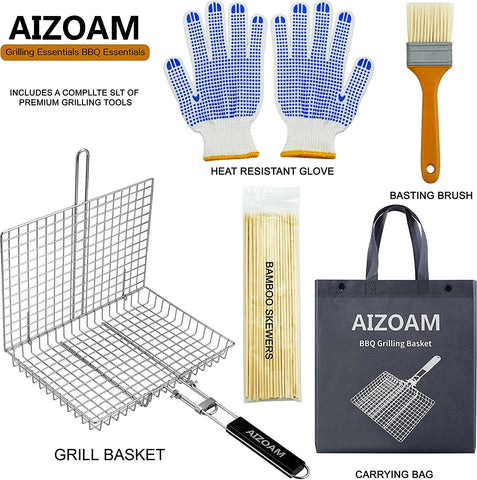 Image of Grill Basket  Grill Basket Stainless Steel BBQ Grilling Basket Large Folding Grill Basket with Removable Handle. Grill Basket for Fish,Vegetables . Grill Accessories BBQ Accessories Grilling Gifts for Men Dad .