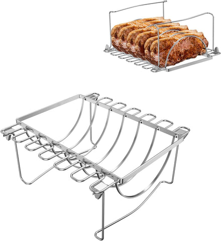 Image of BMMXBI Foldable 3-In-1 Chicken Leg Rib Rack for Grill, Oven, Holds 12 Chicken Leg Wing, 6 Large Ribs, 1 Whole Chicken, Stainless Steel Rib Chicken Drumstick Roasting Racks Smoker Accessories