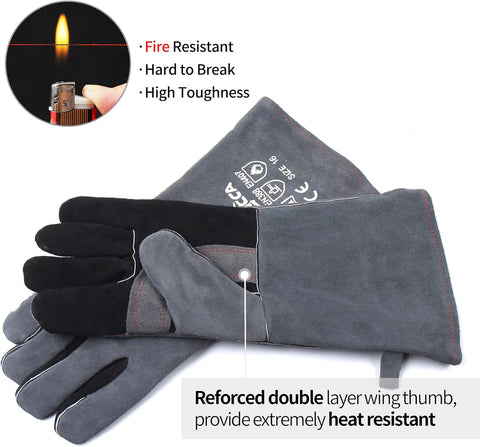 Image of Welding Gloves 16 Inches,662℉,Heat Resistant Leather Forge/Mig/Stick Welding Gloves Heat/Fire Resistant, Mitts for Oven/Grill/Fireplace/Furnace/Stove/Pot Holder/Bbq/Animal Handling-Grey