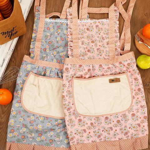 Image of 2Pcs Women Aprons with Pockets, Girls Floral Apron with Big Pocket Baking Soft Chef Aprons for Kitchen Cooking Baking