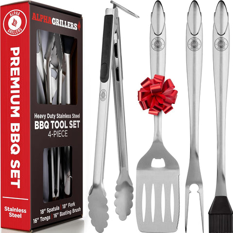 Image of Grill Set Heavy Duty BBQ Accessories - BBQ Gifts Tool Set 4Pc Grill Accessories with Spatula, Fork, Brush & BBQ Tongs - Grilling Cooking Gifts for Men Dad Durable, Stainless Steel