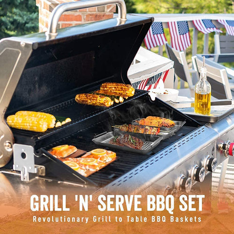 Image of ™ BBQ 'N SERVE Grill Basket Set - Includes 3 Grilling Baskets a Serving Tray & Clip-On Handle - "Patented Grill-To-Table Design" Perfect for Grilling Fish Veggies & Meats