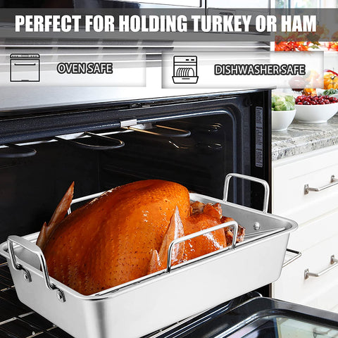 Image of Teamfar Roasting Pan, Stainless Steel Large Turkey Roaster Pan with V Rack & Cooling Rack, Beer Can Chicken Holder & Meat Claws for Shredding & Silicone Brush, Healthy & Dishwasher Safe - 7 Pcs